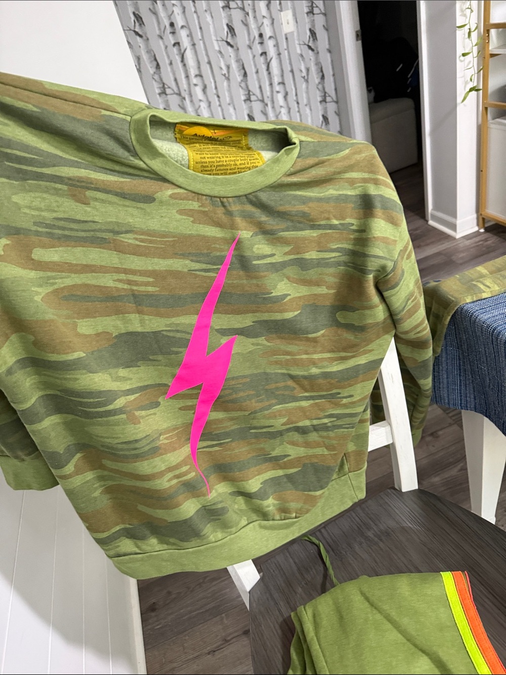Aviator Nation Green Camo Sweatshirt with Hot Pink Bolt - Picture 3 of 5